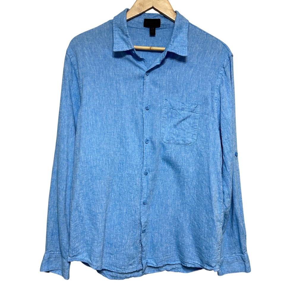 Magaschoni Man Blue‎ Linen Long Sleeve Button Down Shirt Mens L Relaxed Casual